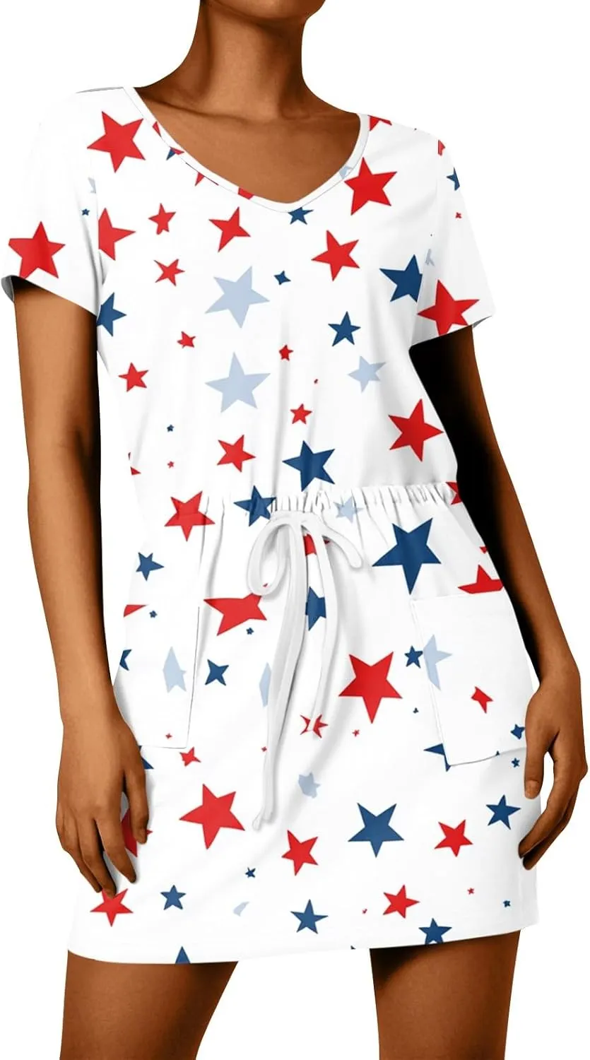 BAXLIMEK 4Th of July Dress Women,2025 Summer Trendy American Flag Mini Dress Casual V Neck Short Sleeve T Shirt Sundress