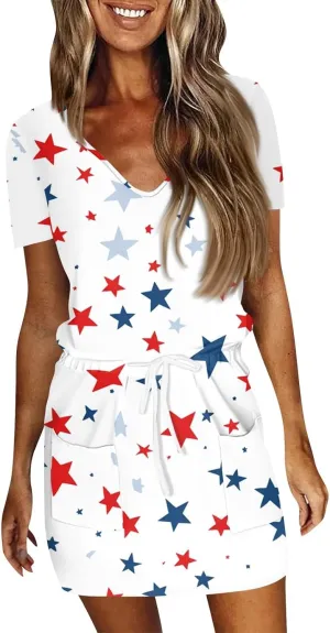 BAXLIMEK 4Th of July Dress Women,2025 Summer Trendy American Flag Mini Dress Casual V Neck Short Sleeve T Shirt Sundress