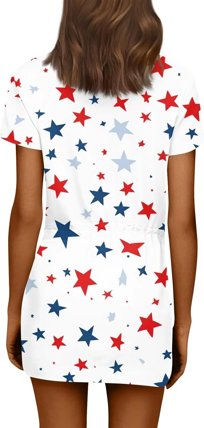 BAXLIMEK 4Th of July Dress Women,2025 Summer Trendy American Flag Mini Dress Casual V Neck Short Sleeve T Shirt Sundress