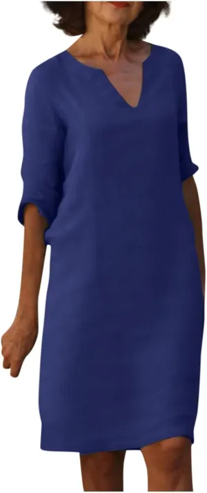 BAXLIMEK Cotton Linen Dresses for Women,2025 Summer Trendy Elegant Plain Beach Dress,Casual 3/4 Sleeve Midi Dress