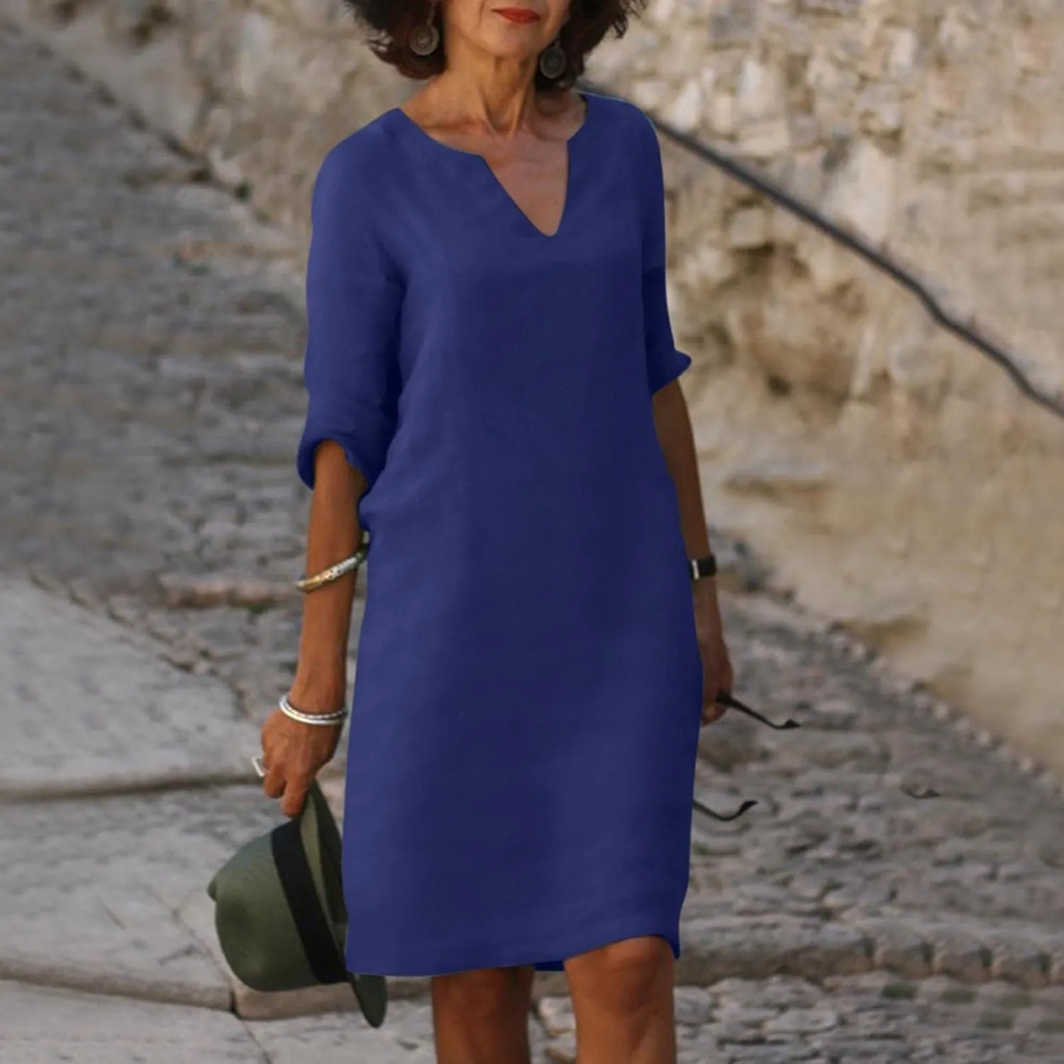 BAXLIMEK Cotton Linen Dresses for Women,2025 Summer Trendy Elegant Plain Beach Dress,Casual 3/4 Sleeve Midi Dress