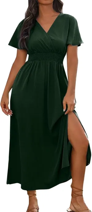 BAXLIMEK Maxi Dresses for Women,2025 Spring Summer Elegant V Neck Short Sleeve Beach Dress,Flowy Ruched Vacation Boho Dress
