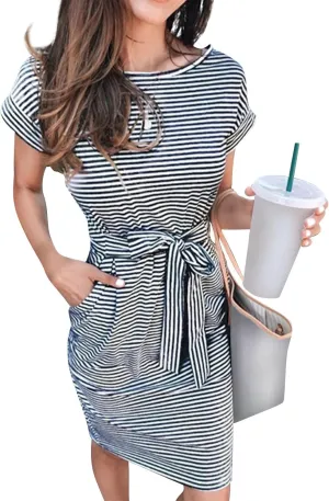 BAXLIMEK Midi Dresses for Women,2025 Summer Trendy Striped Casual Crewneck Short Sleeve T Shirt Dress Tie Waist with Pockets