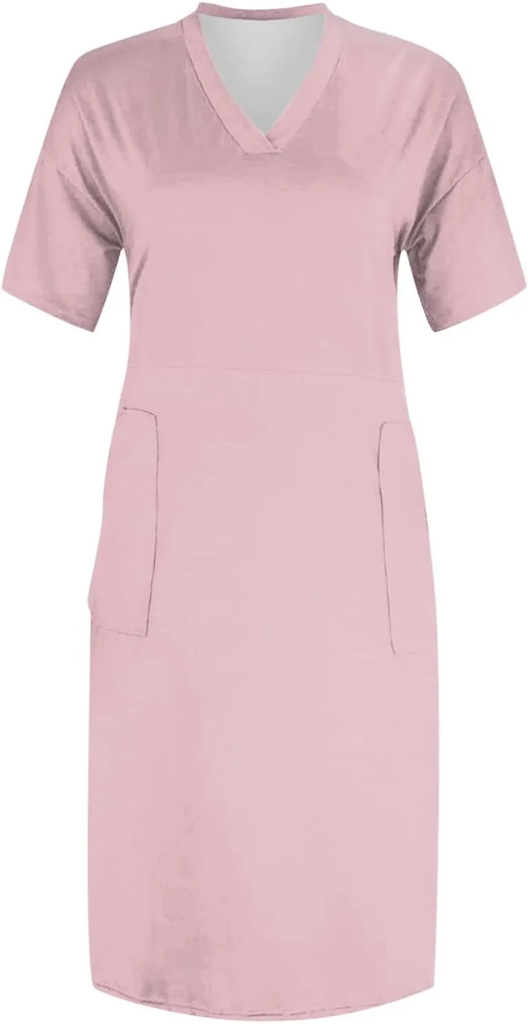 BAXLIMEK Plus Size Dresses for Curvy Women,2025 Spring Summer Casual Loose V Neck Short Sleeve T Shirt Midi Dress with Pocket