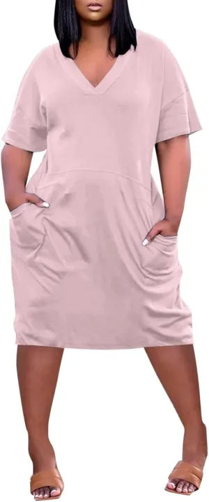 BAXLIMEK Plus Size Dresses for Curvy Women,2025 Spring Summer Casual Loose V Neck Short Sleeve T Shirt Midi Dress with Pocket