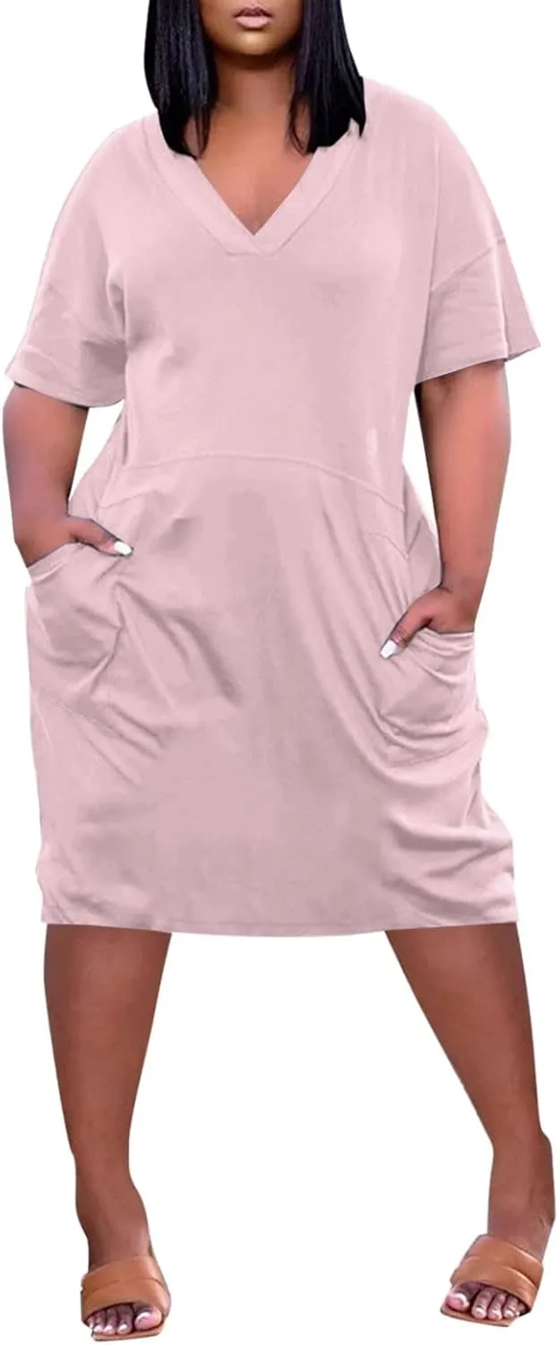 BAXLIMEK Plus Size Dresses for Curvy Women,2025 Spring Summer Casual Loose V Neck Short Sleeve T Shirt Midi Dress with Pocket