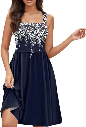 BAXLIMEK Sundresses for Women,2025 Spring Summer Trendy Floral Print Beach Dress,Square Neck Tank Flowy Ruched Boho Dress