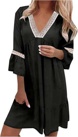 Beach Dresses for Women Summer Casual Bell Sleeve Boho Dress V Neck Lace Mini Dress Fashion Graphic Printed Midi Dress