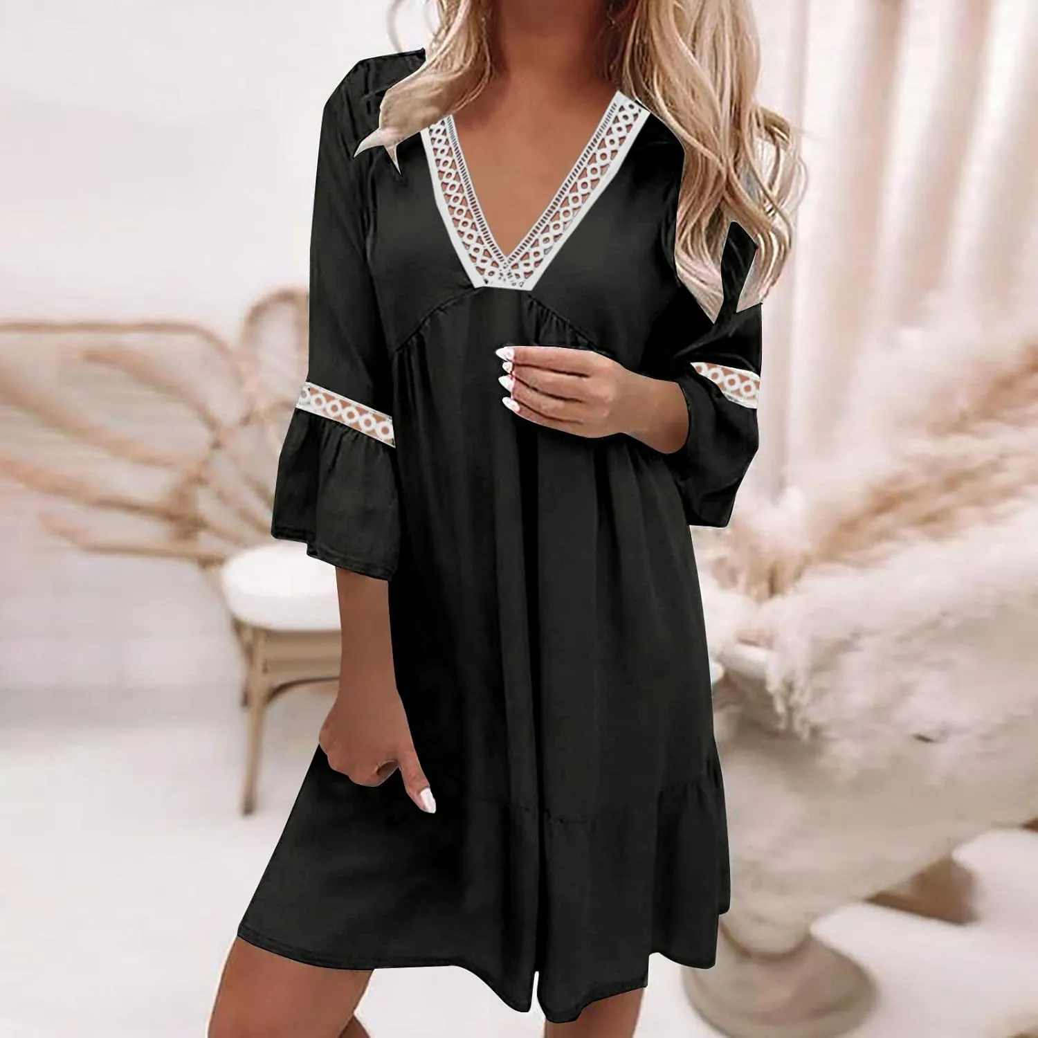 Beach Dresses for Women Summer Casual Bell Sleeve Boho Dress V Neck Lace Mini Dress Fashion Graphic Printed Midi Dress