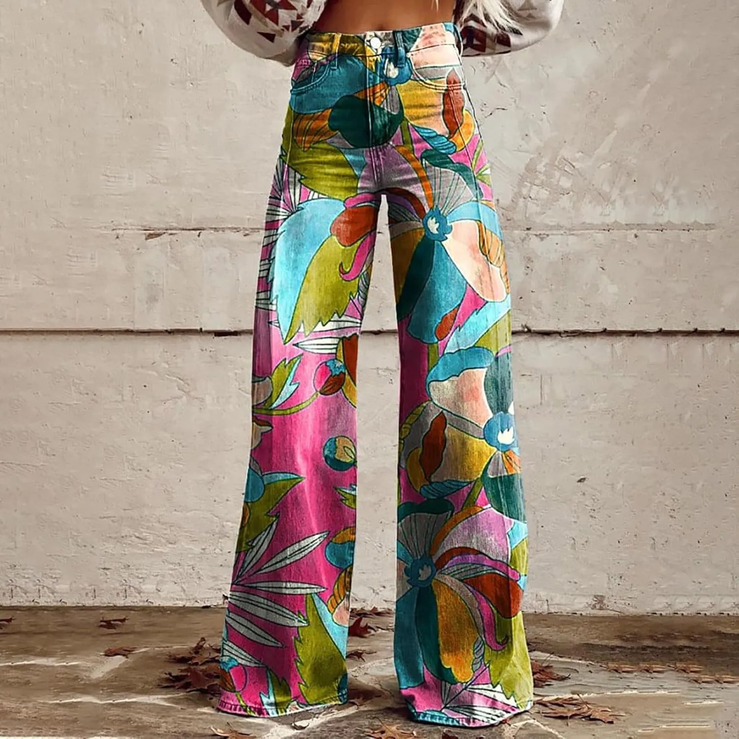 Bell Bottom Pants for Women Button High Waist Bell Bottom Leggings Trouser Casual Floral Flared Pants Twill