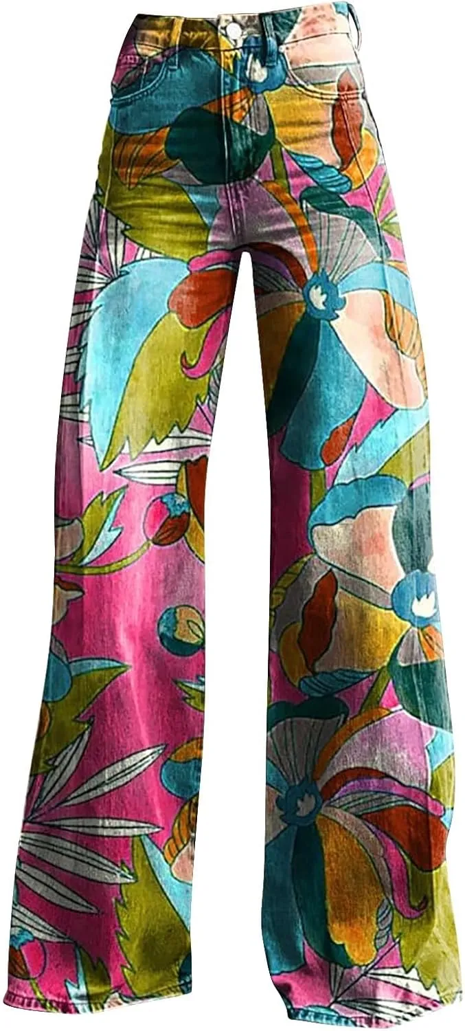 Bell Bottom Pants for Women Button High Waist Bell Bottom Leggings Trouser Casual Floral Flared Pants Twill