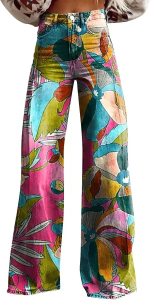 Bell Bottom Pants for Women Button High Waist Bell Bottom Leggings Trouser Casual Floral Flared Pants Twill
