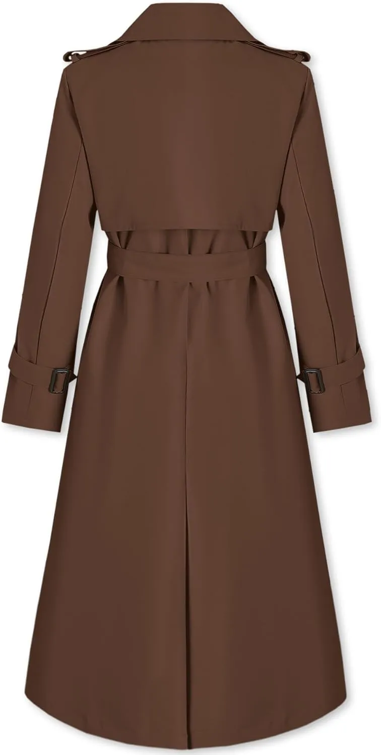 Betusline Women's Waterproof Long Trench Coat Double Breasted Lapel Duster Jacket Overcoat with Belt,S-2XL