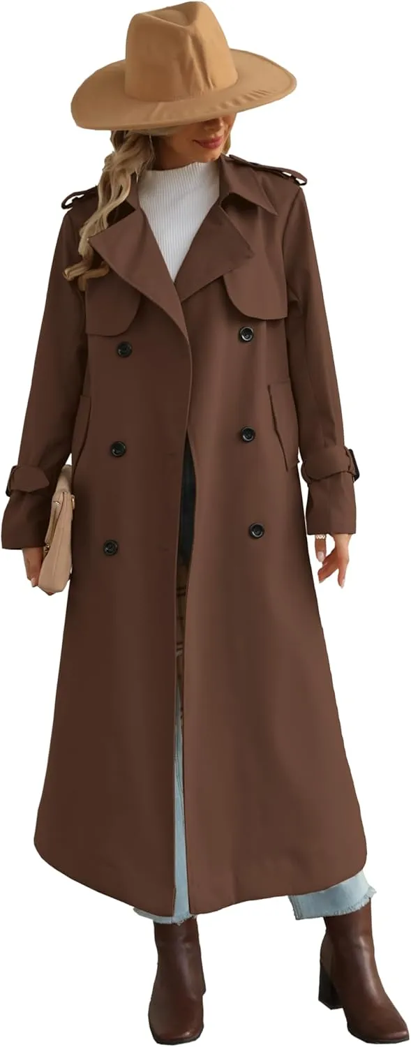 Betusline Women's Waterproof Long Trench Coat Double Breasted Lapel Duster Jacket Overcoat with Belt,S-2XL