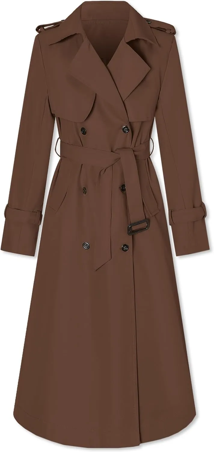 Betusline Women's Waterproof Long Trench Coat Double Breasted Lapel Duster Jacket Overcoat with Belt,S-2XL