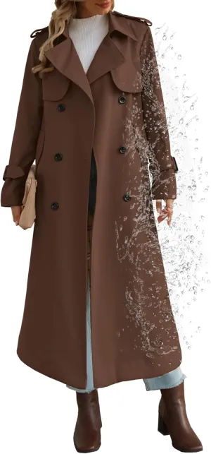 Betusline Women's Waterproof Long Trench Coat Double Breasted Lapel Duster Jacket Overcoat with Belt,S-2XL