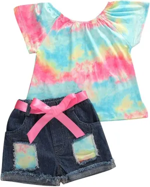 Bmnmsl Baby Toddler Girls Floral Short Sleeve Tops T-Shirt Vest & Denim Shorts Set Kids 1T 2T 3T 4T 5T Clothes Summer Outfits