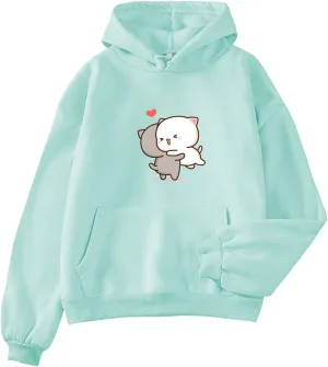 Bobeutou Cute Cat Hoodies for Teen Girls Women Anime Graphic Comfy Oversized Drawstring Sweatshirts Pullover Tops with Pocket (Light Green,M,Medium)