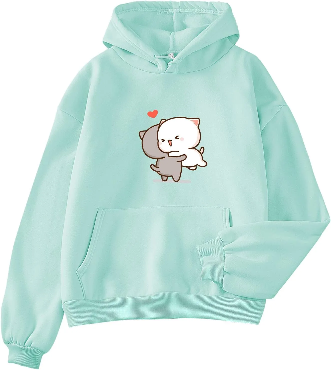 Bobeutou Cute Cat Hoodies for Teen Girls Women Anime Graphic Comfy Oversized Drawstring Sweatshirts Pullover Tops with Pocket (Light Green,M,Medium)