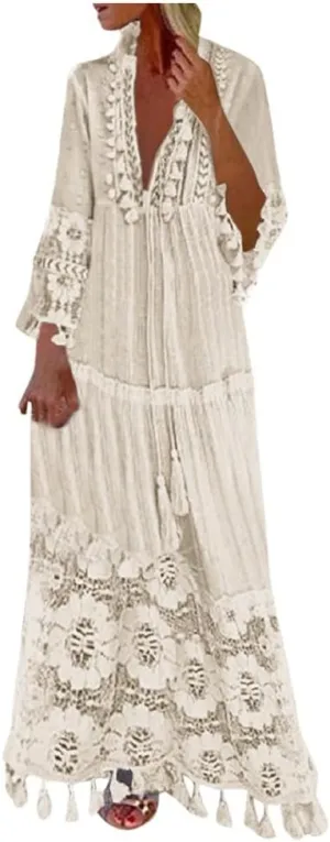 Boho Floral Lace Maxi Dress for Womens Summer V Neck 3/4 Sleeve Flowy Tassel Maxi Dresses Beach Swing Sundress