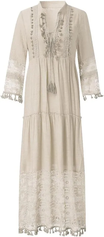 Boho Floral Lace Maxi Dress for Womens Summer V Neck 3/4 Sleeve Flowy Tassel Maxi Dresses Beach Swing Sundress