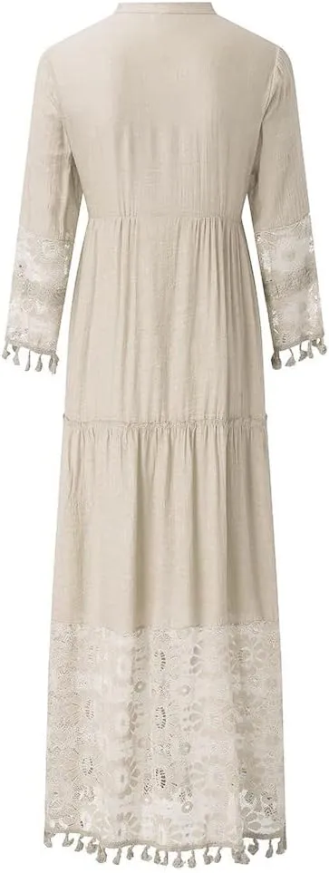 Boho Floral Lace Maxi Dress for Womens Summer V Neck 3/4 Sleeve Flowy Tassel Maxi Dresses Beach Swing Sundress
