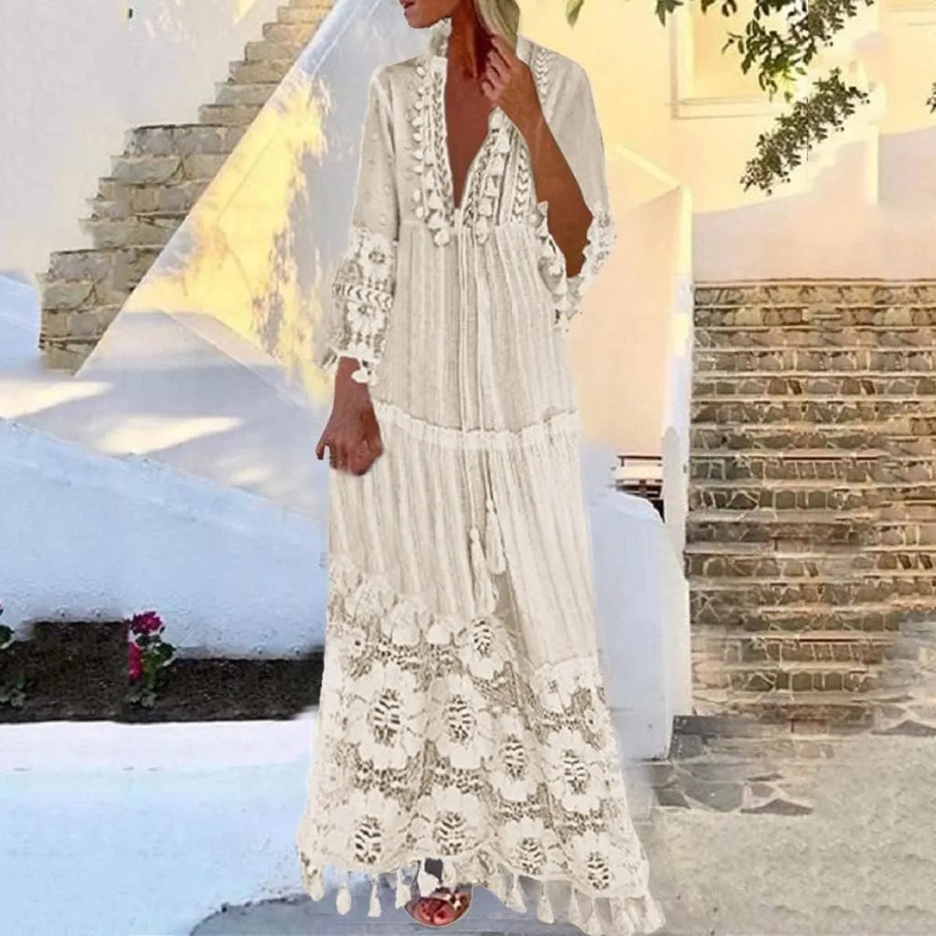 Boho Floral Lace Maxi Dress for Womens Summer V Neck 3/4 Sleeve Flowy Tassel Maxi Dresses Beach Swing Sundress