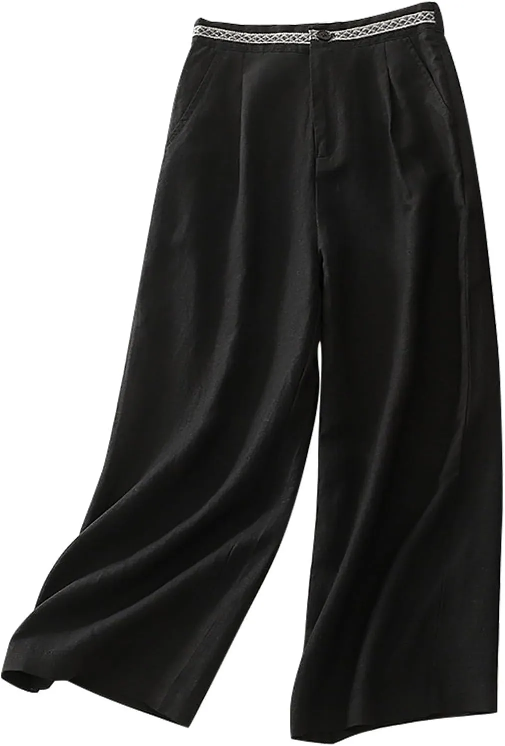 Boho Linen Pants for Women Trendy High Waist Cropped Palazzo Pants Summer Beach Casual Wide Leg Trousers with Pockets