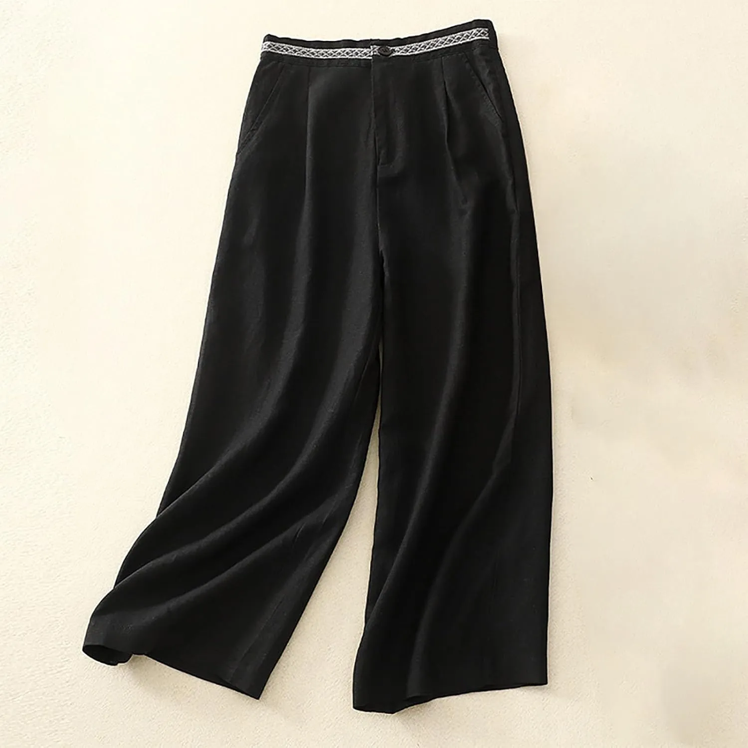 Boho Linen Pants for Women Trendy High Waist Cropped Palazzo Pants Summer Beach Casual Wide Leg Trousers with Pockets
