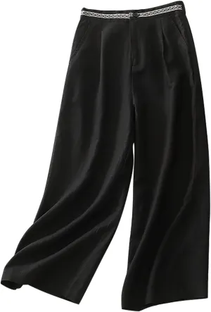 Boho Linen Pants for Women Trendy High Waist Cropped Palazzo Pants Summer Beach Casual Wide Leg Trousers with Pockets