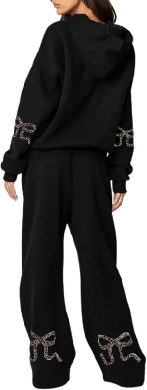 Bow Sweat Set for Women Sweatsuits 2 Piece Set Long Sleeve Oversized Hoodie Sweatpants Matching Tracksuit Preppy