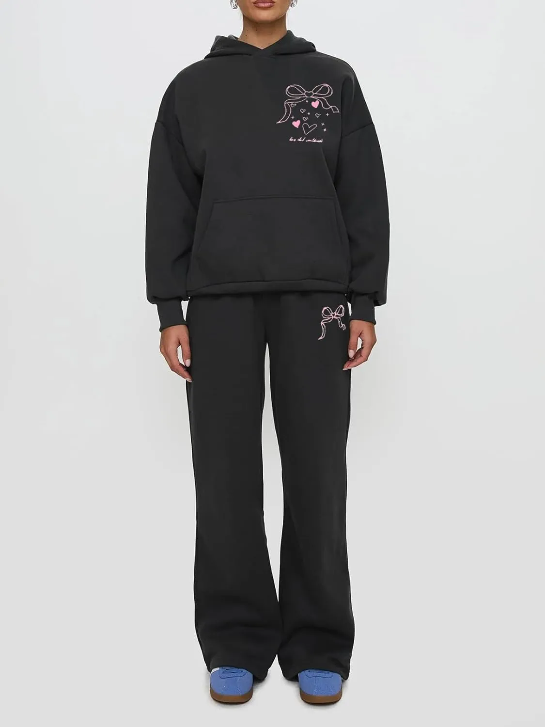 Bow Sweat Set for Women Sweatsuits 2 Piece Set Long Sleeve Oversized Hoodie Sweatpants Matching Tracksuit Preppy