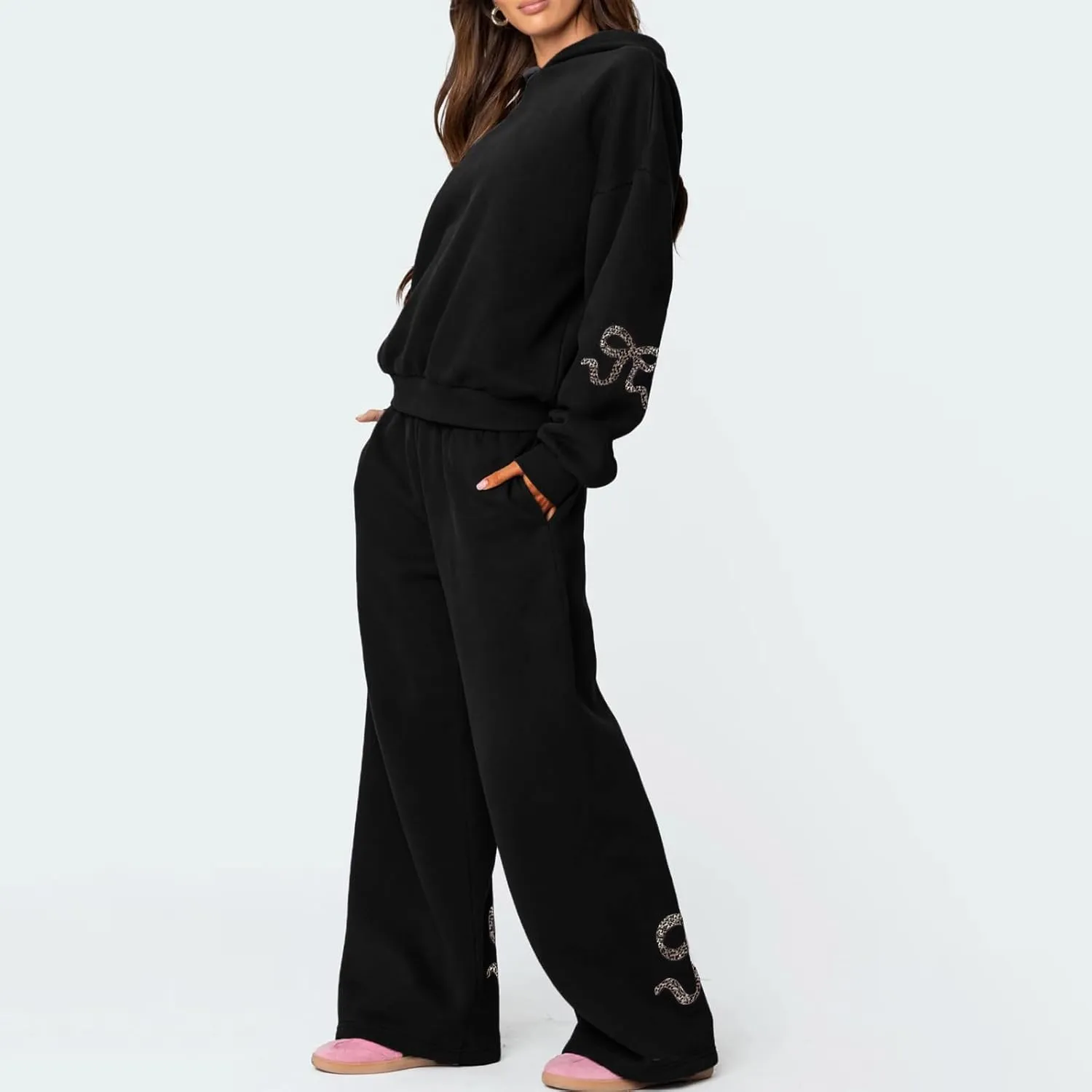 Bow Sweat Set for Women Sweatsuits 2 Piece Set Long Sleeve Oversized Hoodie Sweatpants Matching Tracksuit Preppy
