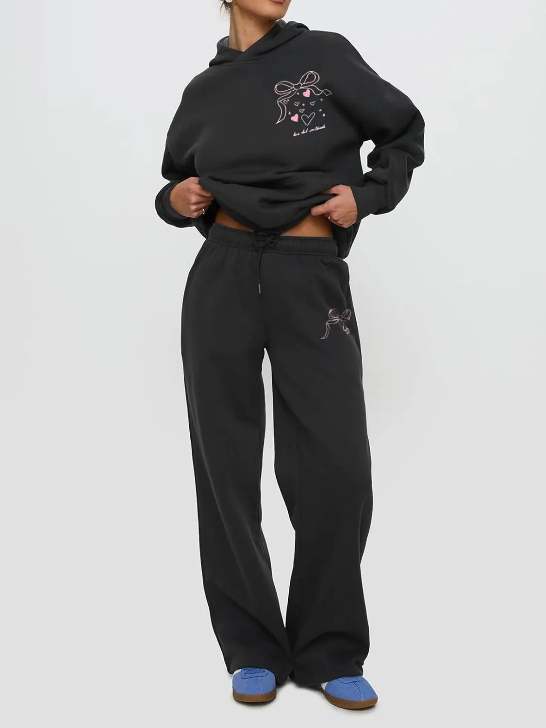 Bow Sweat Set for Women Sweatsuits 2 Piece Set Long Sleeve Oversized Hoodie Sweatpants Matching Tracksuit Preppy