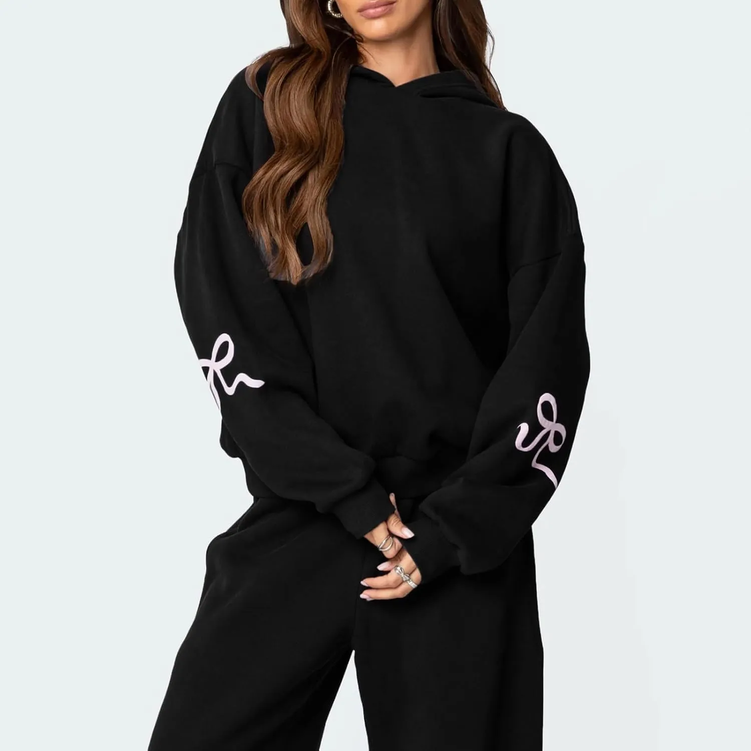 Bow Sweat Set for Women Sweatsuits 2 Piece Set Long Sleeve Oversized Hoodie Sweatpants Matching Tracksuit Preppy