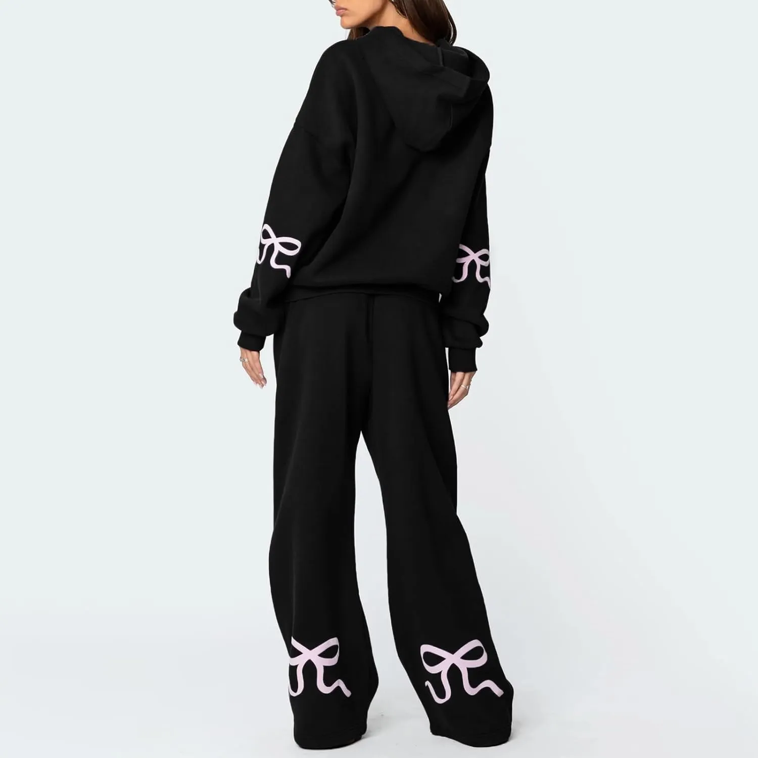 Bow Sweat Set for Women Sweatsuits 2 Piece Set Long Sleeve Oversized Hoodie Sweatpants Matching Tracksuit Preppy