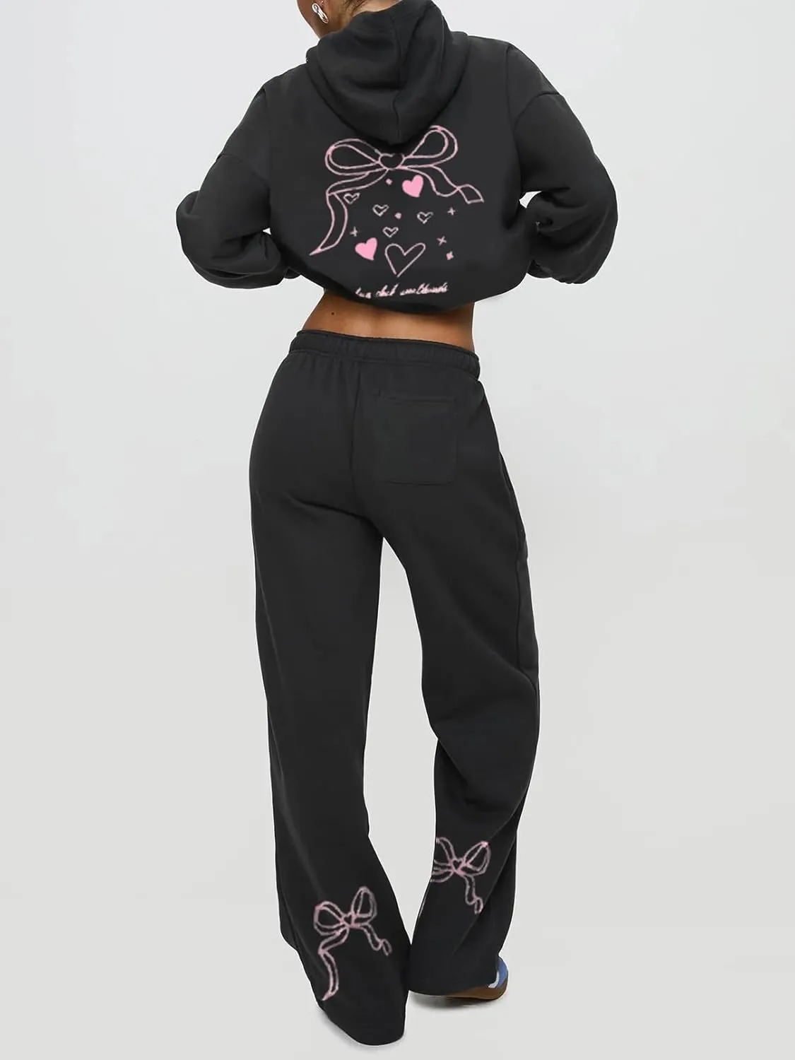 Bow Sweat Set for Women Sweatsuits 2 Piece Set Long Sleeve Oversized Hoodie Sweatpants Matching Tracksuit Preppy