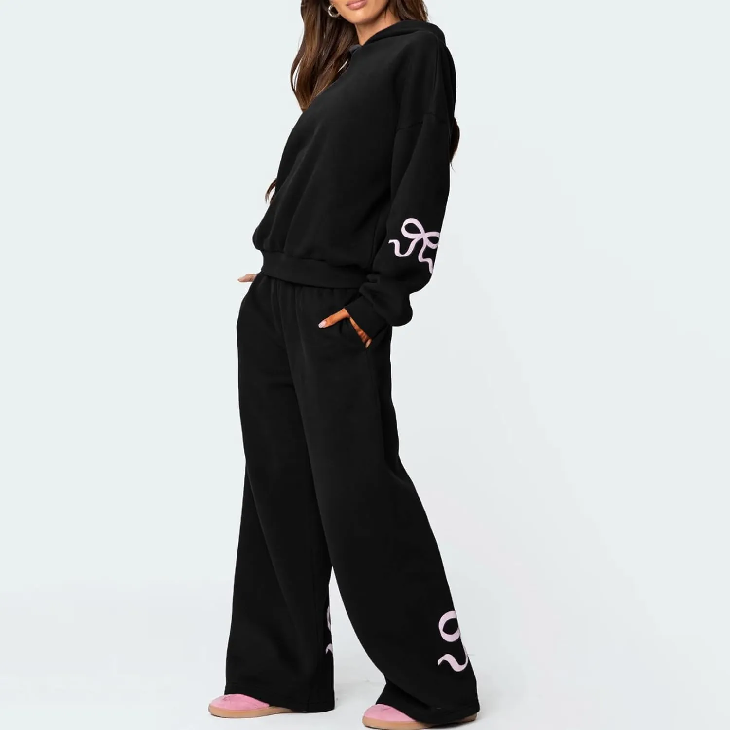 Bow Sweat Set for Women Sweatsuits 2 Piece Set Long Sleeve Oversized Hoodie Sweatpants Matching Tracksuit Preppy