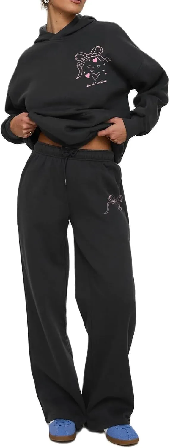 Bow Sweat Set for Women Sweatsuits 2 Piece Set Long Sleeve Oversized Hoodie Sweatpants Matching Tracksuit Preppy