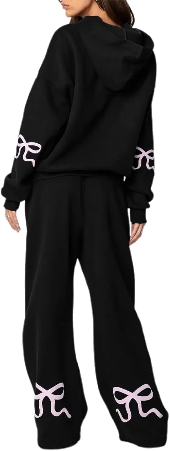 Bow Sweat Set for Women Sweatsuits 2 Piece Set Long Sleeve Oversized Hoodie Sweatpants Matching Tracksuit Preppy