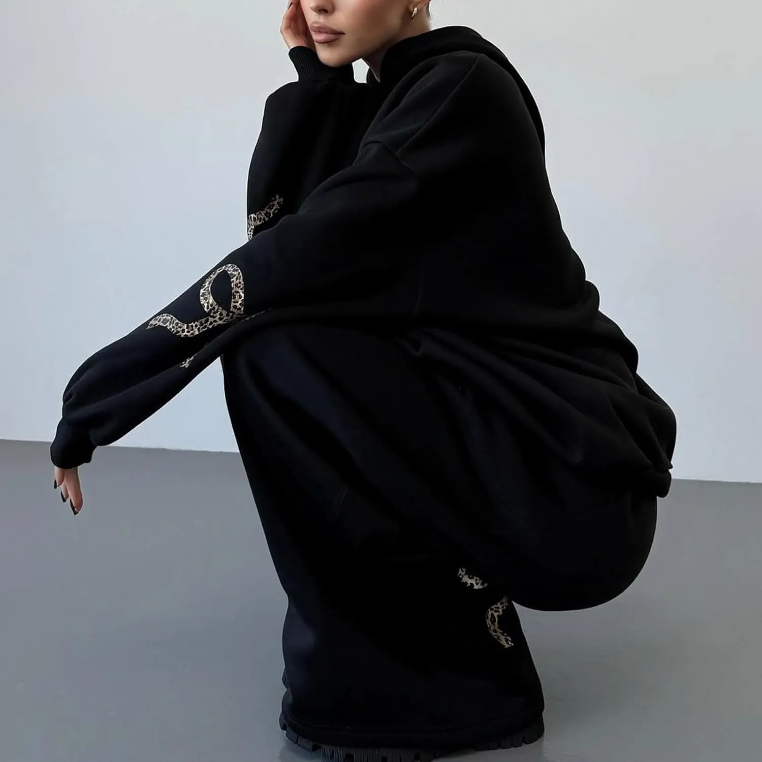 Bow Sweat Set for Women Sweatsuits 2 Piece Set Long Sleeve Oversized Hoodie Sweatpants Matching Tracksuit Preppy