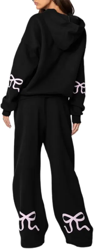 Bow Sweat Set for Women Sweatsuits 2 Piece Set Long Sleeve Oversized Hoodie Sweatpants Matching Tracksuit Preppy