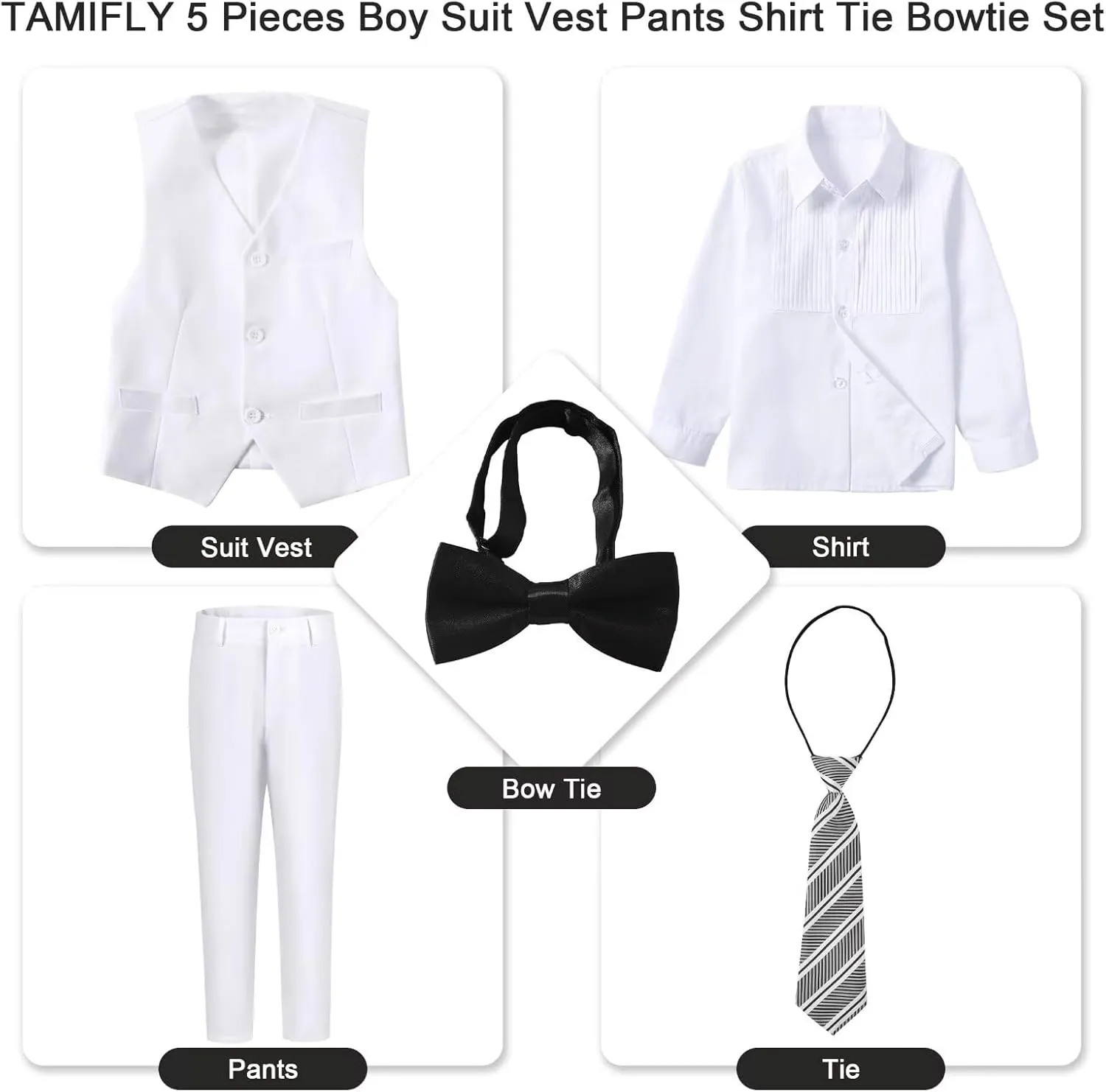 Boy 5-Piece Formal Suit Set Slim Fit Vest Pants Collared Dress Shirt Tie Kids Baby Boy Teen Ring Bearer Gentleman Outfits