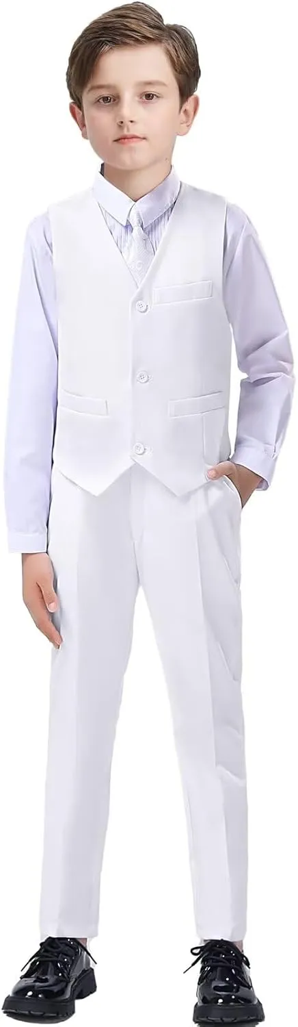Boy 5-Piece Formal Suit Set Slim Fit Vest Pants Collared Dress Shirt Tie Kids Baby Boy Teen Ring Bearer Gentleman Outfits