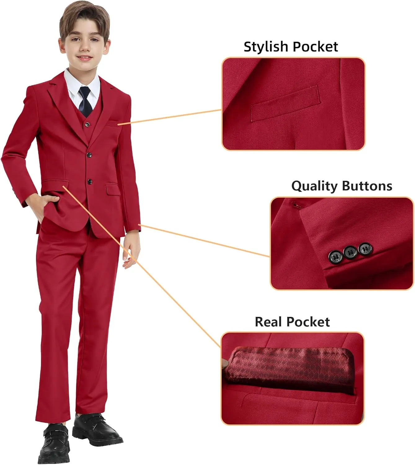 Boy's Formal Suit 7 Piece Slim Fit Tuxedo for Kids Teen Boys Jacket Vest and Pants Set for Wedding with Bow Tie Suspenders