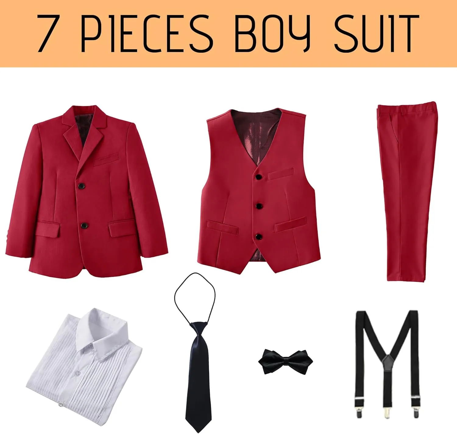 Boy's Formal Suit 7 Piece Slim Fit Tuxedo for Kids Teen Boys Jacket Vest and Pants Set for Wedding with Bow Tie Suspenders