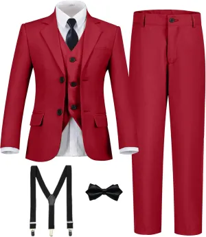 Boy's Formal Suit 7 Piece Slim Fit Tuxedo for Kids Teen Boys Jacket Vest and Pants Set for Wedding with Bow Tie Suspenders