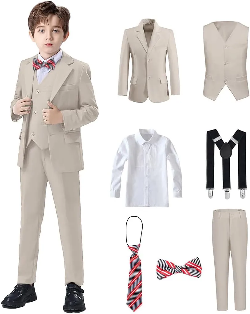 Boys Suits Black Suit for Boy Slim Fit Formal Toddler Kids 7Pcs Vest Dress Pants Blazer Ring Bearer Outfit with Accessory