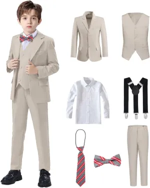 Boys Suits Black Suit for Boy Slim Fit Formal Toddler Kids 7Pcs Vest Dress Pants Blazer Ring Bearer Outfit with Accessory