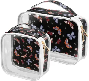 Butterflies-black Print 2 Pack Clear Toiletry Bag Women Men, Portable Waterproof Clear Pouch, Cosmetic Bag with Double Zippers Large Opening Traveling with Handle for Bathroom Traveling Vacation Organ